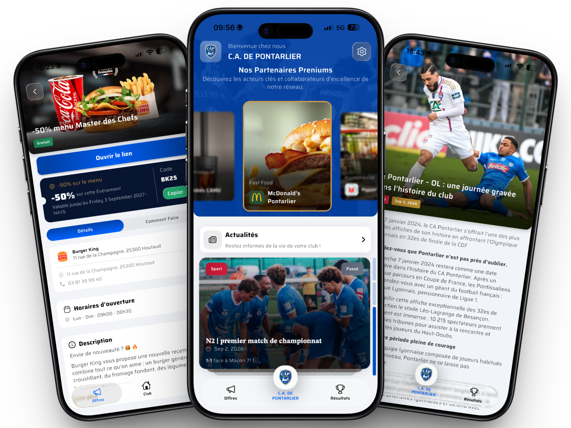 Application MonClub du C.A. de Pontarlier présentant une offre partenaire, l’accueil du club et une actualité
